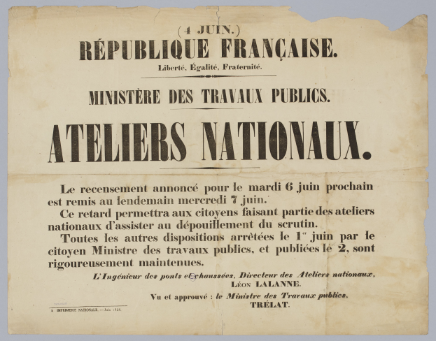 Ein Blatt Papier mit der Aufschrift 'Ateliers Nationalaux - République Française - Ministère des Travaux Publics'.