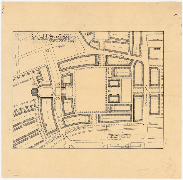 Alte Karte von Köln, Deutschland, zeigt einen detaillierten Gebäudelayoutplan mit handgeschriebenen Anmerkungen auf altem Papier.