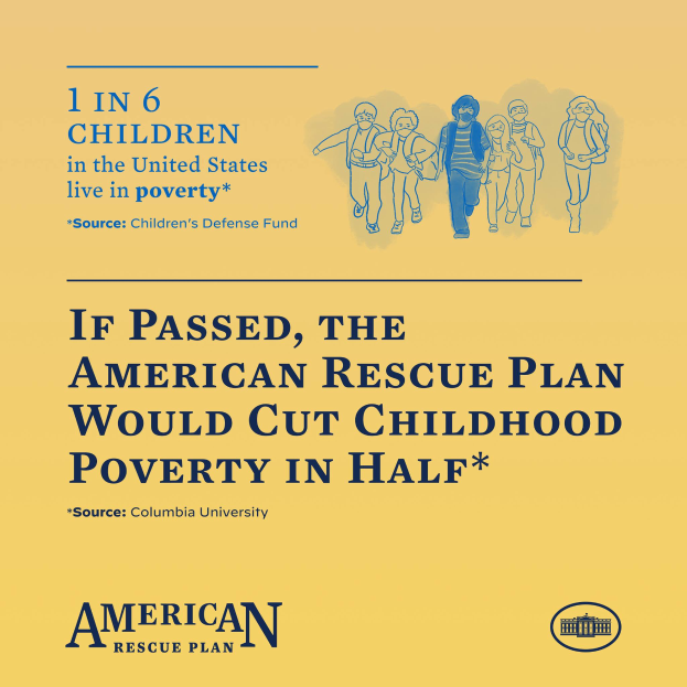 Ein Plakat, das für den American Rescue Plan wirbt, um die Kinderarmut zu reduzieren, mit einer Gruppe von Menschen.