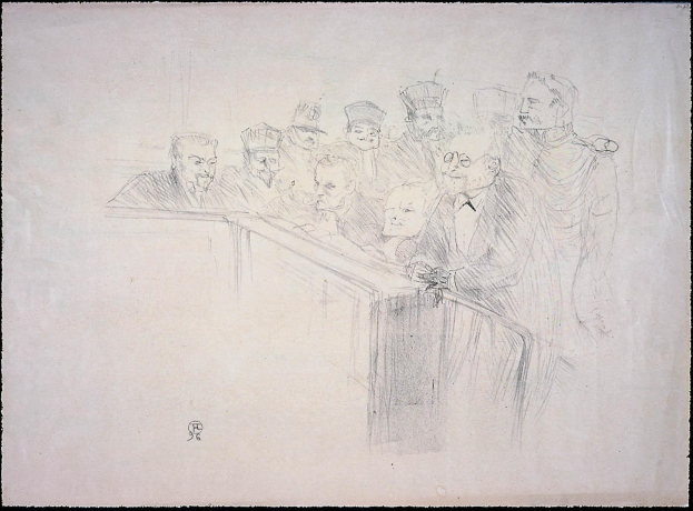 Schwarz-weiß-Zeichnung von Menschen, die an einem unordentlichen Tisch in einem Gerichtssaal während eines Prozesses sitzen, wobei einige ernst und andere besorgt aussehen, eingerahmt von einem schwarzen Rand.