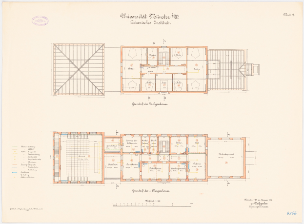 Ein detaillierter Grundrissplan der Universität Münster in Berlin, der zahlreiche Räume und umfassende Layout-Informationen zeigt.