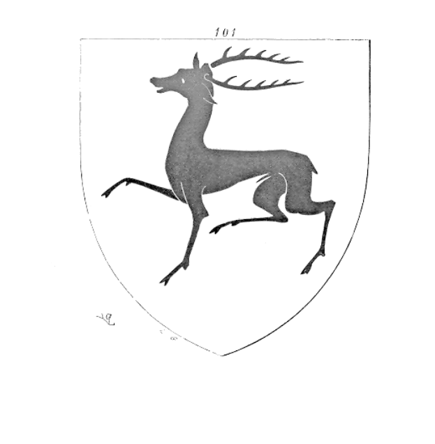 Eine Schwarz-Weiß-Zeichnung eines aufgerichteten Hirschs mit erhobenem Geweih auf einem Schild mit Sternen und Streifen, beschriftet mit "Deutscher Staat" oben, repräsentiert das Wappen Bayerns.