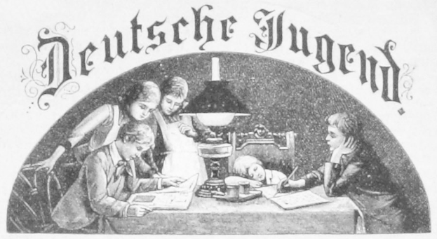 Eine Gruppe von Kindern sitzt um einen Tisch mit einer Lampe, Büchern und anderen Gegenständen, mit einem schwarz-weißen Plakat oben, auf dem die Wörter "Deutsche Jugend." stehen.