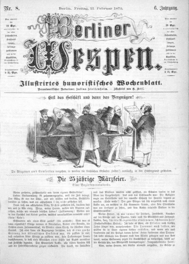 Alte Zeitung "Berliner Wespen" vom 21. Februar 1873 mit einer Gruppe von Menschen in traditioneller deutscher Kleidung in einem Gespräch.