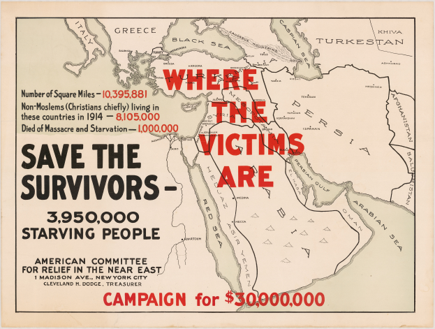 Ein Plakat mit einer Weltkarte und dem Text "Wo die Opfer sind: Retten Sie die Überlebenden - 3.950.000 hungernde Menschen" zur Sensibilisierung über die Auswirkungen des Krieges und die Notwendigkeit von Maßnahmen.