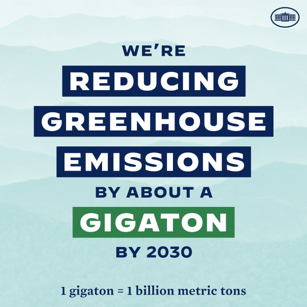 Plakat mit der Aufschrift "Wir reduzieren die Treibhausgasemissionen um etwa eine Gigatonne bis 2030" mit Logo, das die Reduzierung der Treibhausgasemissionen bis 2030 fordert.