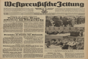 Schwarze Titelseite einer deutschen Zeitung vom 13. November 1939 mit der Schlagzeile "Weitpreubliche Zeitung" und einem Foto von Menschen in traditioneller deutscher Tracht in einer festlichen Umgebung.