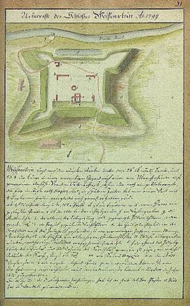 Ein altes Stadtplan von Stuttgart, Deutschland, mit einer zentralen Illustration eines Schlosses und beschreibendem Text zu dessen Größe, Lage und Merkmalen.