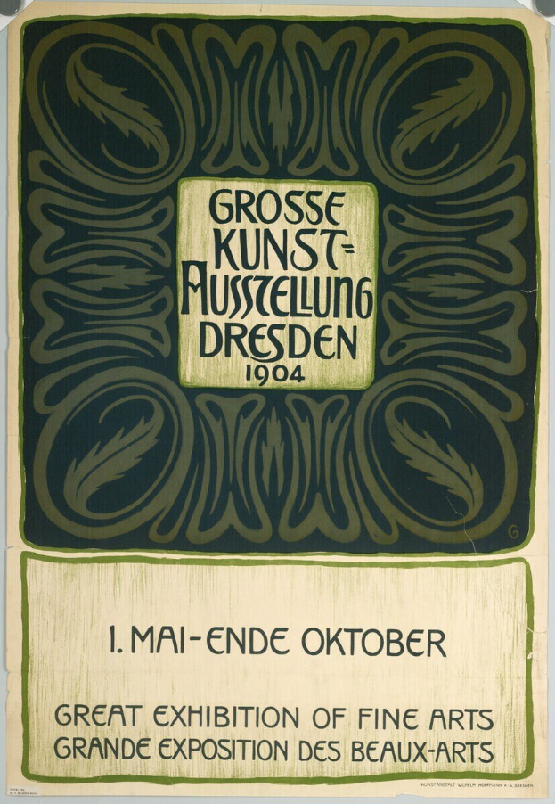 Plakat für die Große Kunstausstellung von 1904 in Dresden, Deutschland, mit auffälliger Textwerbung.