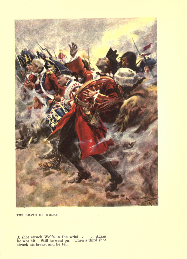 Ein Plakat, das eine Gruppe verzweifelter Menschen zeigt, von denen einige ängstlich nach oben schauen und andere hoffnungslos nach unten schauen, mit der Aufschrift "Der Tod von Wolfe" unten, in gedämpften Farben, die eine traurige Atmosphäre schaffen.