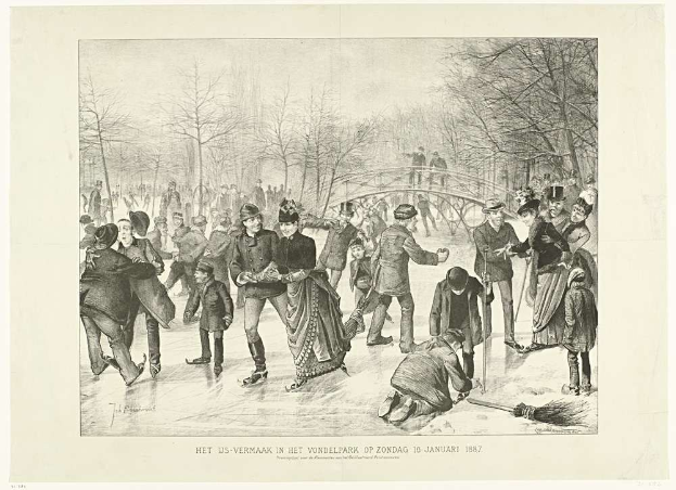 Menschen beim Eislaufen auf einer Eisbahn in einem Park mit Bäumen und einer Brücke im Hintergrund, Text unten lautet "Het us-vermaak in het vondelpark op zondag 10 januari 1887".