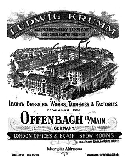 Anzeige für Ludwig Krumm Lederpflege-Werke, Gerbereien & Fabriken in Offenbach, Deutschland, mit einem Schwarz-Weiß-Bild und Text.