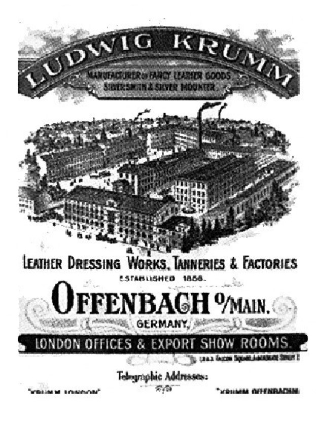 Anzeige für Ludwig Krumm Lederpflege-Werke, Gerbereien & Fabriken in Offenbach, Deutschland, mit einem Schwarz-Weiß-Bild und Text.