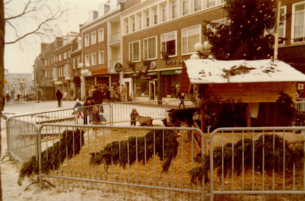 Altes Schwarz-Weiß-Foto eines Weihnachtsmarkts auf einer verschneiten Straße mit Menschen, Tieren, einem Metallzaun, Pflanzen, Bäumen, Straßenlaternen, Schildern, Gebäuden und einem bewölkten Himmel.