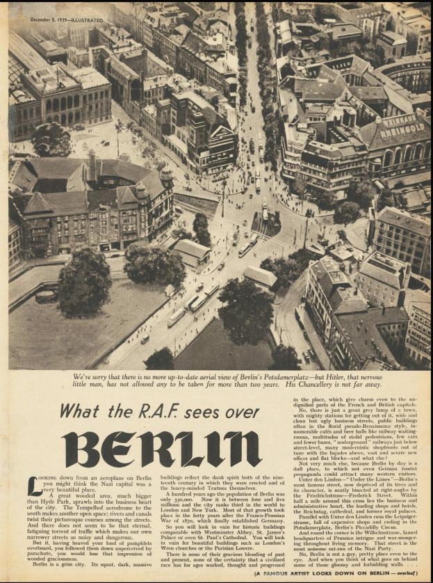 Alte Zeitung mit Schwarz-Weiß-Fotografie eines Stadtpanoramas mit Gebäuden, Bäumen und Fahrzeugen, begleitet von Text.