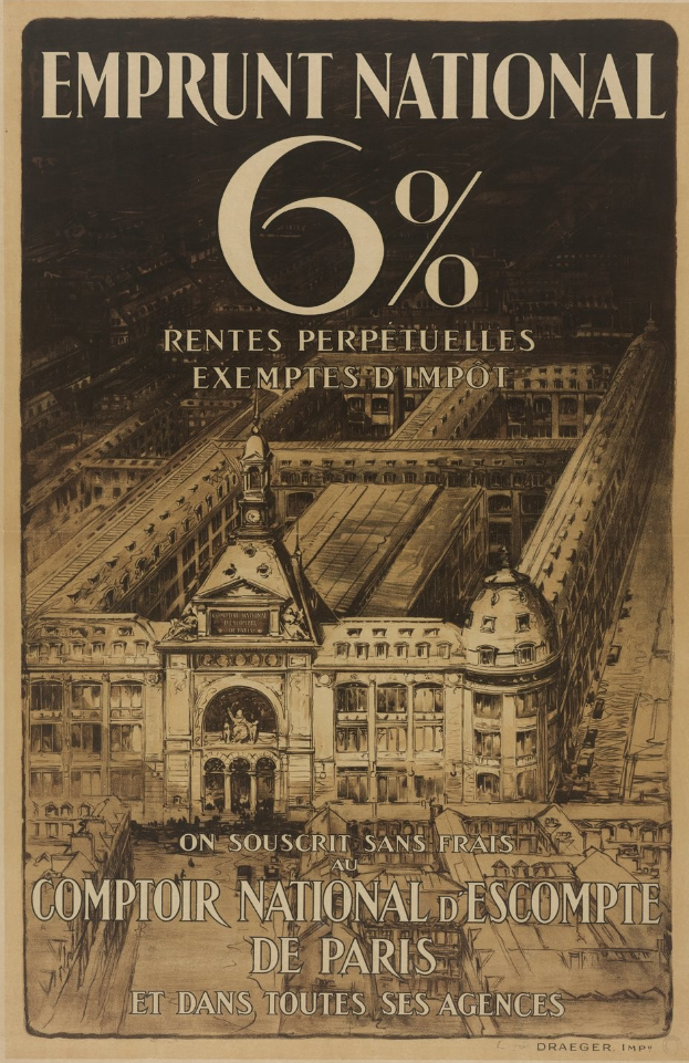 Ein Plakat mit einem zweistöckigen Gebäude mit rotem Dach und weißen Wänden, mit fetter schwarzer Schrift, die "emprunt national 6% - rentes perpetuelles exemptes impot" lautet, auf einem hellblauen Hintergrund.
