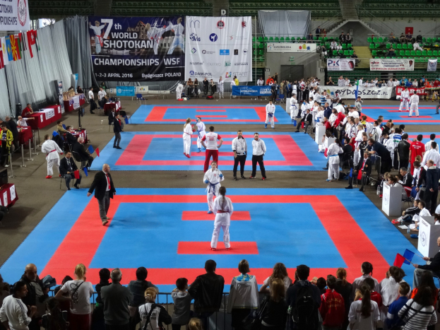 Eine Gruppe von Menschen steht auf einer blauen und roten Judo-Matte, umgeben von einer Zuschauermenge, mit Tischen, Bannern und Fahnen im Hintergrund bei der 7. World Shotokan Championships in Polen.