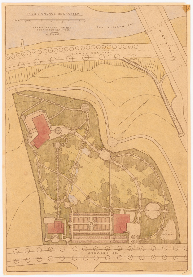 Detailierte alte Karte eines Parks mit Gebäuden, Bäumen, Straßen, Sehenswürdigkeiten und beschreibendem Text auf altem Papier.
