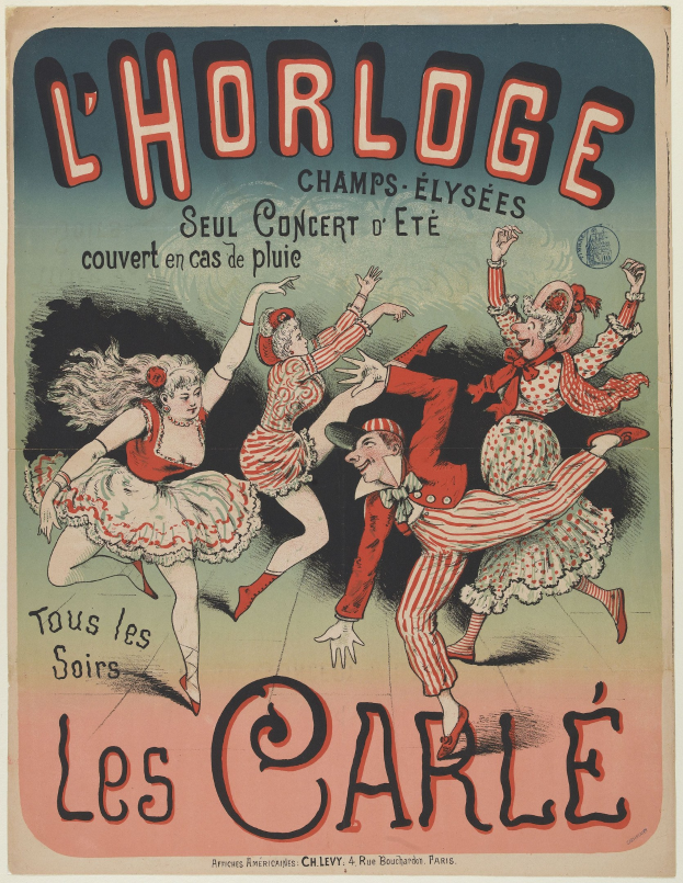 Plakatankündigung für ein Konzert im Chorlage in Paris mit einer Gruppe tanzender Menschen in bunten Kostümen und strahlenden Gesichtern, umgeben von fetter Schrift auf einem hellgelben Hintergrund.