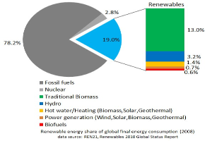Tortendiagramm, das den globalen Verbrauch erneuerbarer Energien im Jahr 2008 zeigt, mit Abschnitten für fossile Brennstoffe, Kernenergie, Wasserkraft, Warmwasser, Heizung, Biomasse, Solarenergie, Geothermie und Biokraftstoffe.