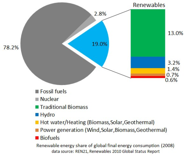 Tortendiagramm, das den globalen Verbrauch erneuerbarer Energien im Jahr 2008 zeigt, mit Abschnitten für fossile Brennstoffe, Kernenergie, Wasserkraft, Warmwasser, Heizung, Biomasse, Solarenergie, Geothermie und Biokraftstoffe.