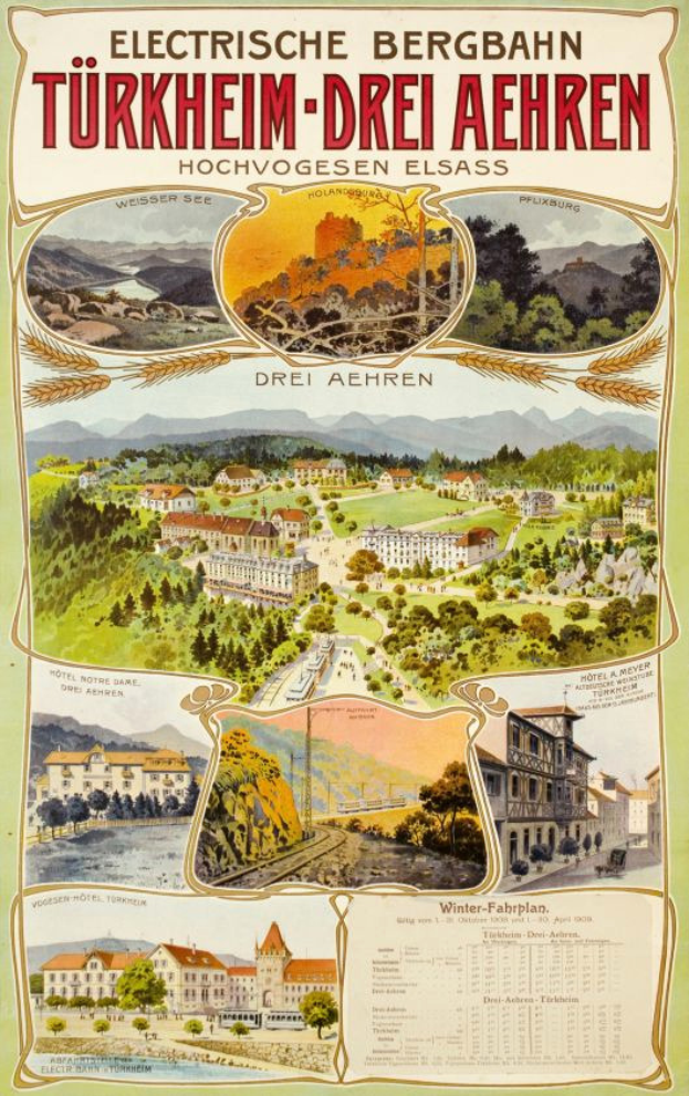 Ein Plakat, das die elektrische Stadt Bergbahn, Deutschland, bewirbt, zeigt Bilder von Gebäuden, Bäumen, Hügeln und beschreibenden Text über die Stadt.