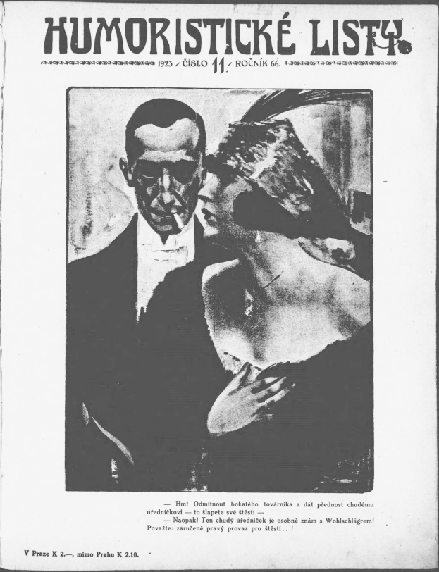 Schwarzer und weißer Magazinumschlag mit der Überschrift 'Humoristische Liste', der einen Mann in einem Anzug mit ernster Miene und eine Frau zeigt, die wegsieht und schmunzelt.