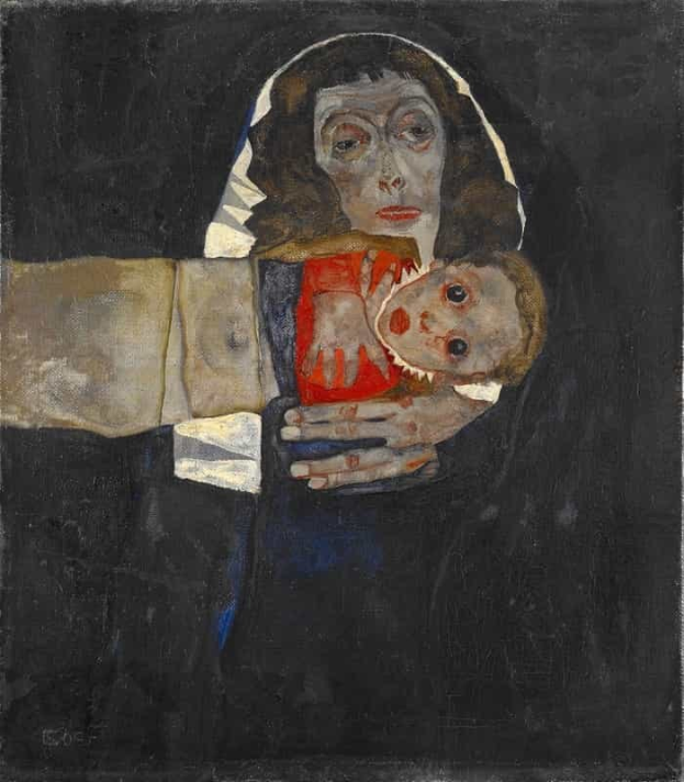 Gem├Ąlde mit dem Titel "Mutter und Kind" von Egon Schiele, das eine Frau in einem wei├čen Kleid zeigt, die ein Baby gegen einen schwarzen Hintergrund h├Ąlt.
