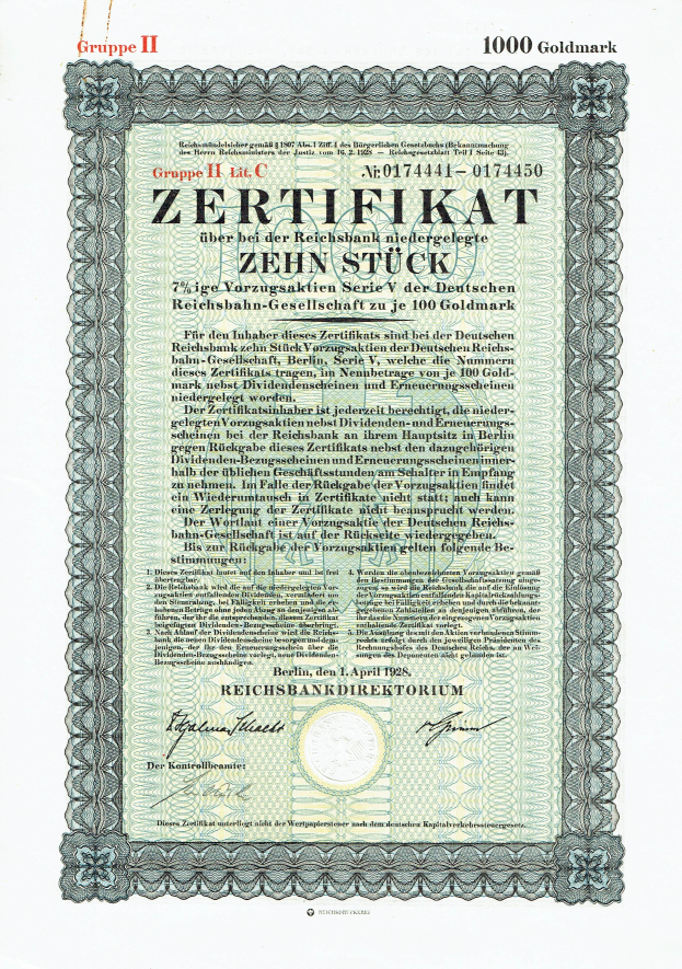 Altes deutsches Aktienzertifikat mit grünem Hintergrund und goldenem Rand, das das Wort "Zertifikat" und verschiedene gedruckte Texte und Zahlen enthält.