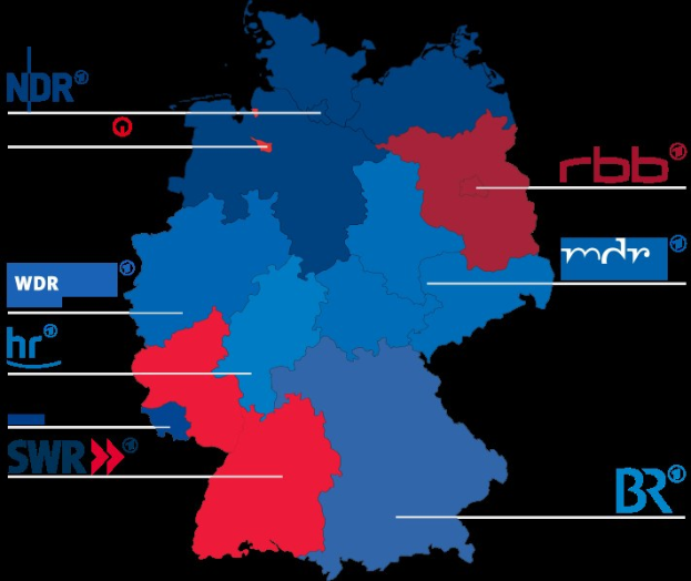 Eine Deutschlandkarte mit in rot und blau hervorgehobenen Bundesländern, um die Ergebnisse der Wahl 2016 anzuzeigen, einschließlich der Namen der Kandidaten und detaillierte Wahltermine.