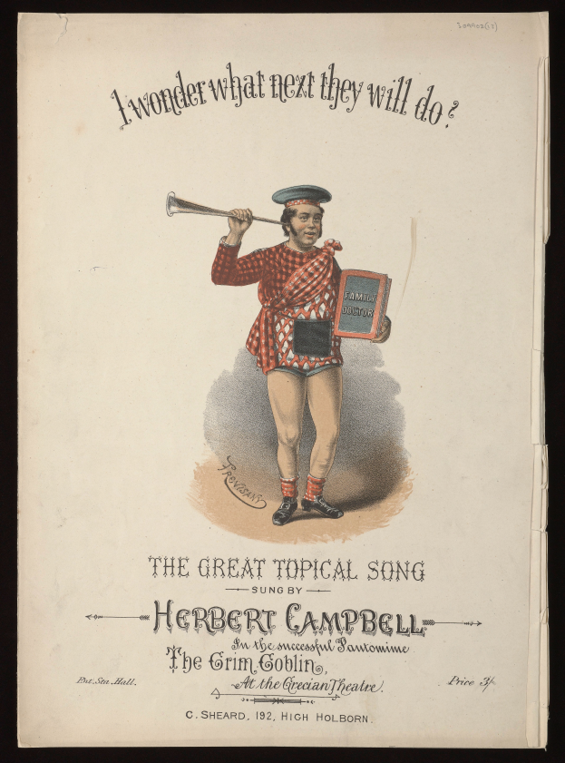 Eine Person in farbenfroher Kleidung hält ein Musikinstrument und ein Blatt Papier mit den Worten "Der große aktuelle Song von Herbert Campbell" und strahlt fröhlich.