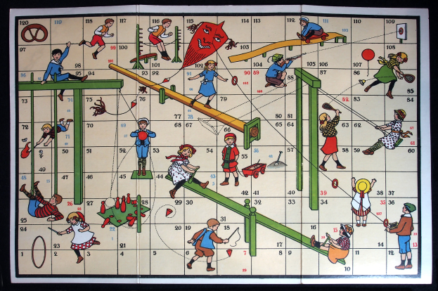 Ein Brettspiel mit dunklem Hintergrund, das Zahlen und Cartoons von spielenden Kindern zeigt.