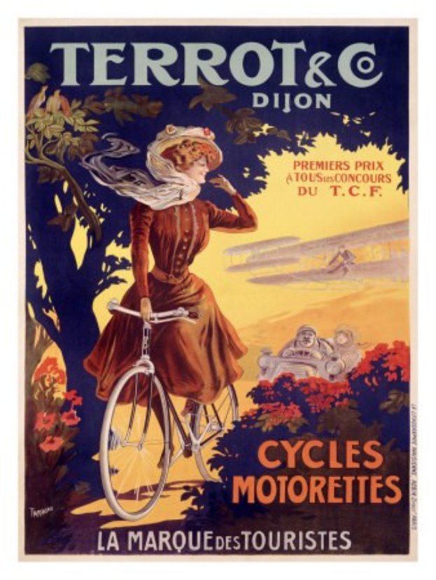 Ein Plakat wirbt für eine Fahrradtour in Frankreich, auf dem eine Frau auf einem Fahrrad durch eine Landschaft mit Bäumen, Blumen und anderen Menschen fährt, mit Texten, die die Tour beschreiben.