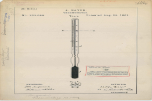 Ein altes Buch mit einer Zeichnung eines Thermometers, das mit "Bayer Thermometer Patent No. 263,649" beschriftet ist.