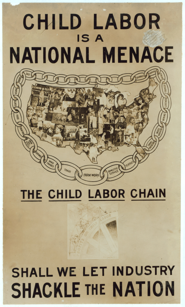 Ein Plakat mit fettem schwarzem Text auf einem weißen Hintergrund lautet "Kindersklaverei ist eine nationale Gefahr - Sollen wir die Industrie das Land fesseln lassen", zeigt eine vielfältige Gruppe von Menschen, die gemeinsam stehen.