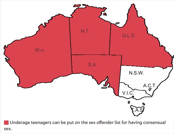 Eine Australienkarte mit rot schattierten Bereichen, die den Prozentsatz von Minderjährigen je Bundesstaat anzeigen, begleitet von Text, der unten besagt: "Minderjährige können wegen einvernehmlichen Sex auf die Sex-Täter-Liste gesetzt werden."