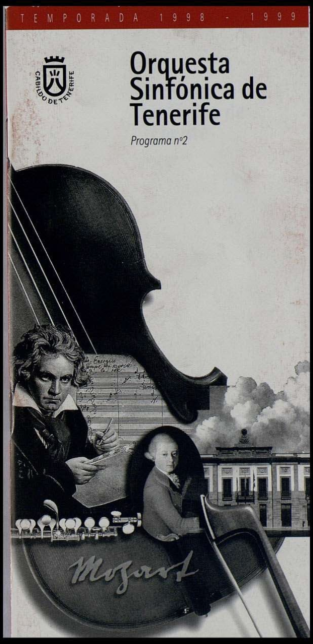 Plakat für das zweite Programm der Symphonischen Orchester von Teneriffa, das Mozarts Symphonie Nr. 2 in D-Moll, Op. 63, mit zwei Geigerinnen vor einem Gebäude zeigt.