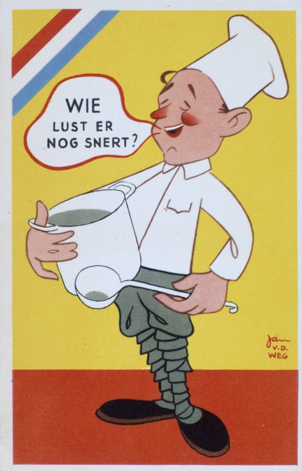Ein Cartoon-Koch in weißer Uniform und Hut, der eine Schüssel und einen Löffel hält, steht fröhlich in einer Küche mit einem Herd und einem Waschbecken im Hintergrund.