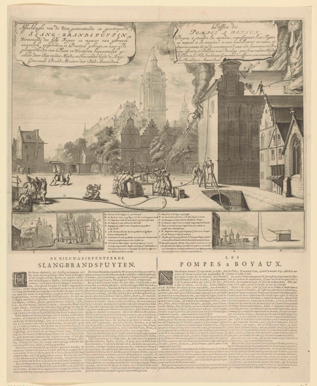 Eine alte Buchseite mit einer detaillierten Stadtansicht-Illustration, die Gebäude, Menschen, Bäume und beschreibenden Text enthält.