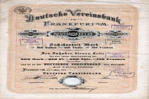 Altes deutsches Aktienzertifikat der Deutschen Vereinsbank, Frankfurt, auf Papier gedruckt mit sichtbarem Text.
