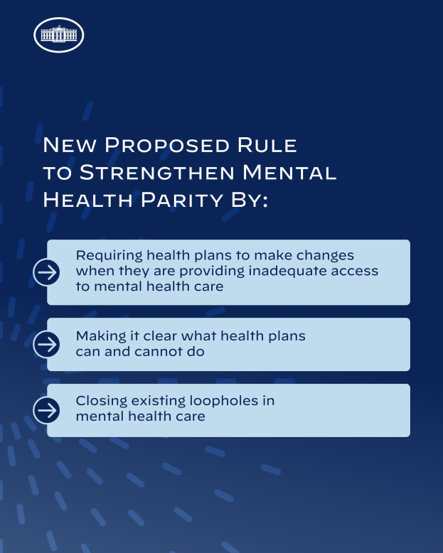 Blauer Hintergrund mit wei├čer Schrift und einem wei├čem Kreis-Logo, das eine neue Regelung zur St├Ąrkung der psychischen Gesundheit umrandet.