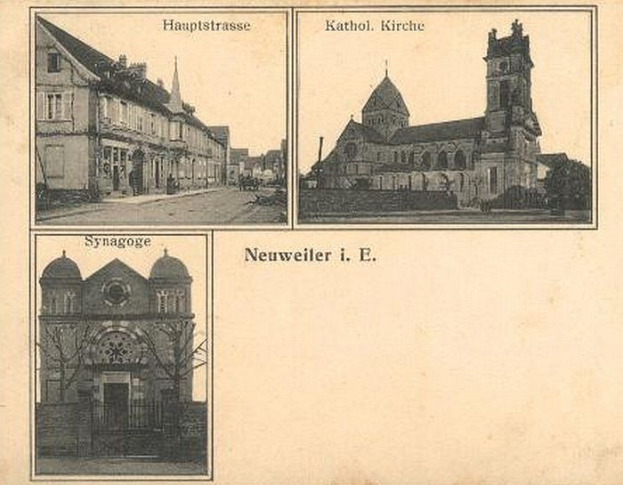 Eine alte Postkarte mit drei Bildern von deutschen Gebäuden, darunter ein Uhrenturm, und handgeschriebener Text.