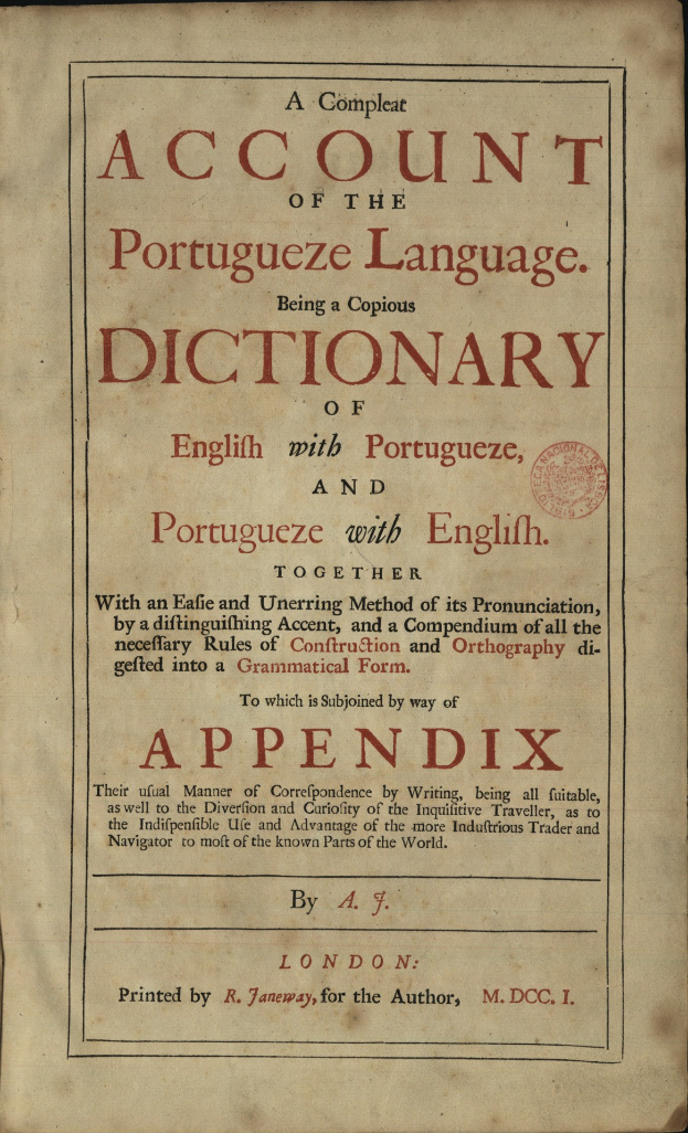 Altes Buch mit dem Titel "Bericht über das portugiesische Wörterbuch" offen, um den Innentext zu zeigen.