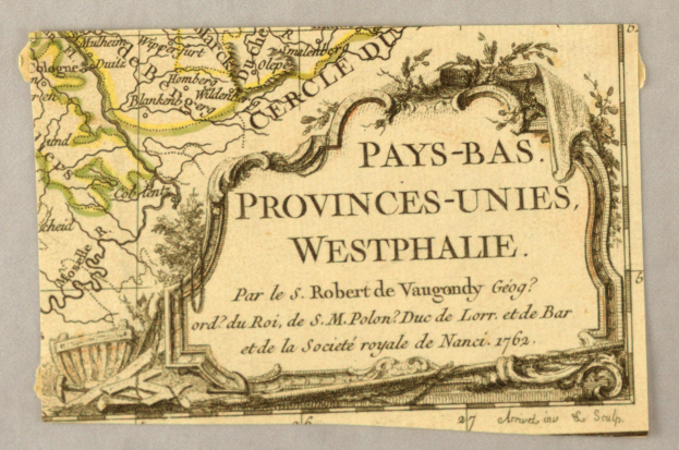 Ein altes Papierkarte von Westfalen mit geografischen Merkmalen wie Flüssen, Bergen und Städten sowie begleitendem Text.