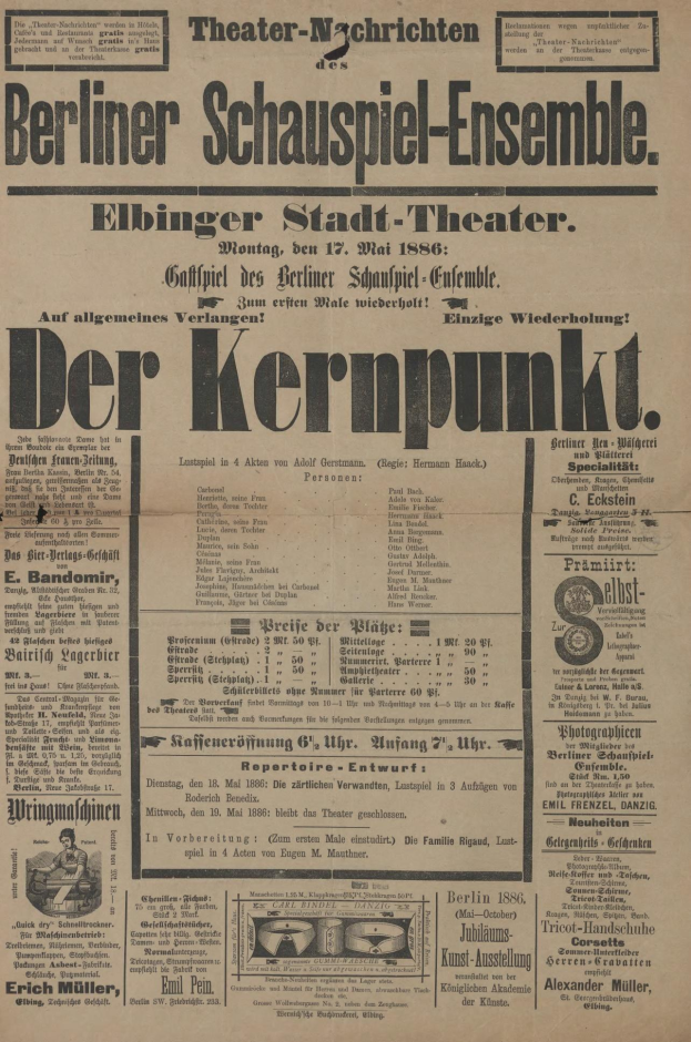 Alte Zeitungsanzeige für das Berliner Schauspiel-Ensemble mit einem Mann im Anzug und Krawatte, mit Text zur Beschreibung des Ereignisses.