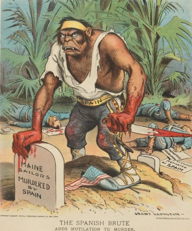 Cartoon eines Mannes mit einem Messer, der über ein Grab mit Text steht, umgeben von gefallenen Menschen und Bäumen, mit der überschrift "Der spanische Grobian fügt Verstümmelung zum Mord hinzu" unten.