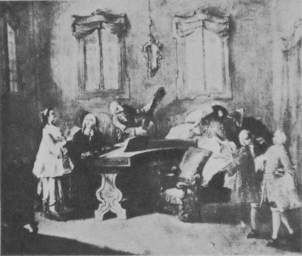 Ein Schwarz-Weiß-Foto von einer Gruppe von Menschen, die sich um ein Piano in einem Raum mit Fenstern und Vorhängen im Hintergrund versammelt haben, mit einem Text unten, der lautet "Gustav Klimt - Die Klavierstunde".