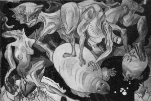 Schwarzes und weißes Zeichnung aus dem Jahr 1938 von KÜNSTLER, das eine Gruppe von Tieren zeigt, darunter einen Löwen, eine Giraffe, ein Zebra und ein Flusspferd in einem dunklen, mysteriösen Raum.