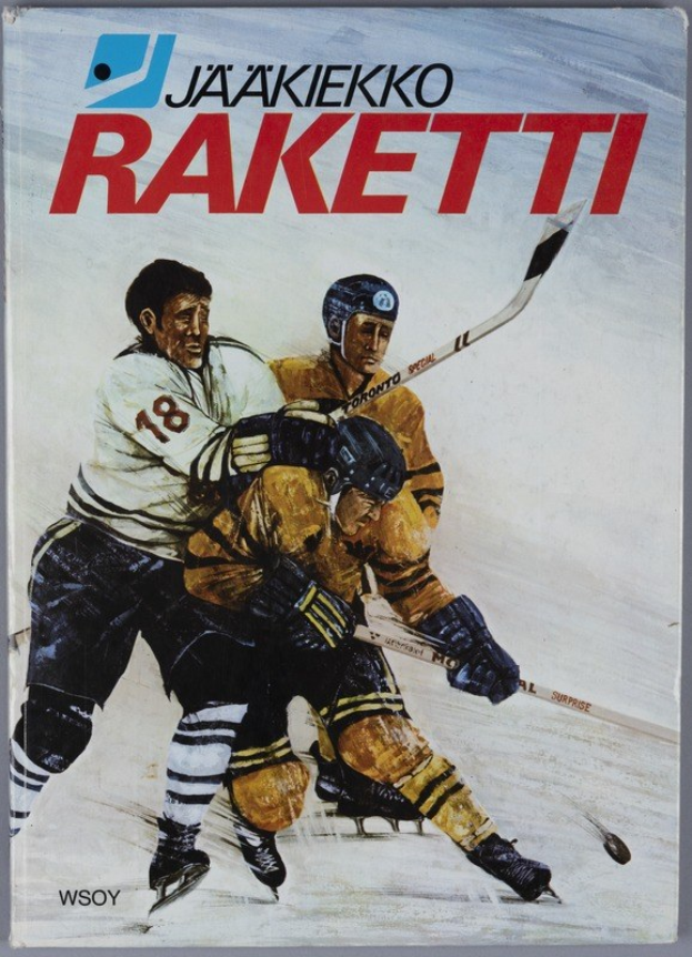Buchumschlag mit dem Titel "Jääkiekko Raketti", der drei Menschen beim Eishockeyspielen zeigt, jeder hält einen Hockeystock in der Hand.