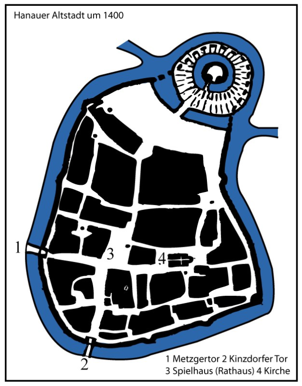 Ein detailliertes Stadtplan-Poster von Hanau, Deutschland, in Blau und Weiß, das Straßen, Text und nummerierte Orte zeigt.
